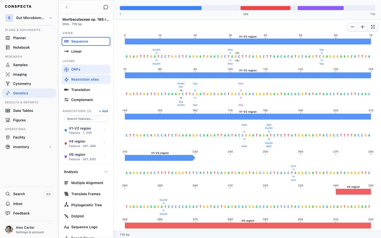A 16S rRNA sequence open in Sequence View, with enzyme cut sites and annotation tracks over the bases and the Views, Layers, and annotation lists in the sidebar