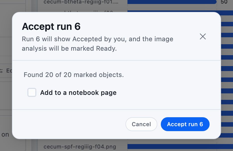 The Accept run dialog box, naming the run, reporting how many hand-counted marks it found, and offering to add the numbers to a notebook page