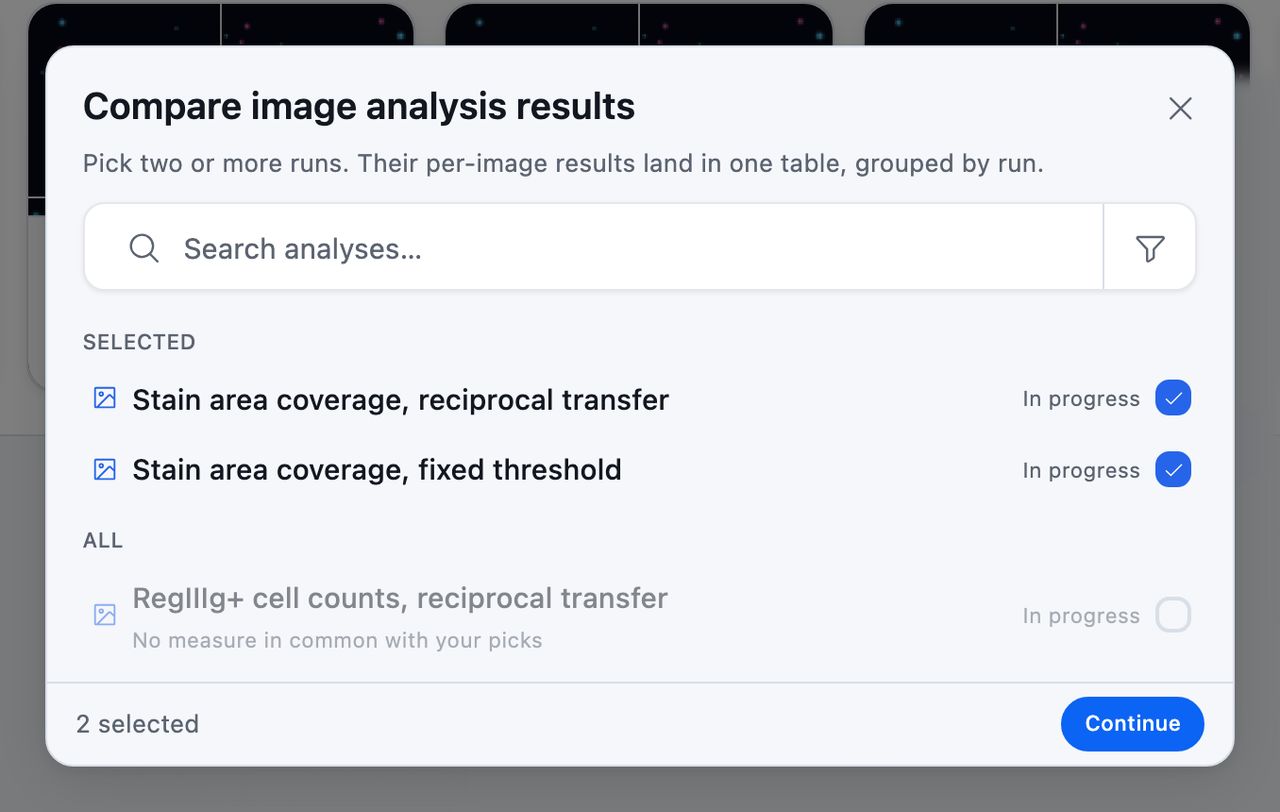 The Compare dialog with two runs ticked under a Selected heading, each marked In progress, and below them a dimmed run reading No measure in common with your picks under its name