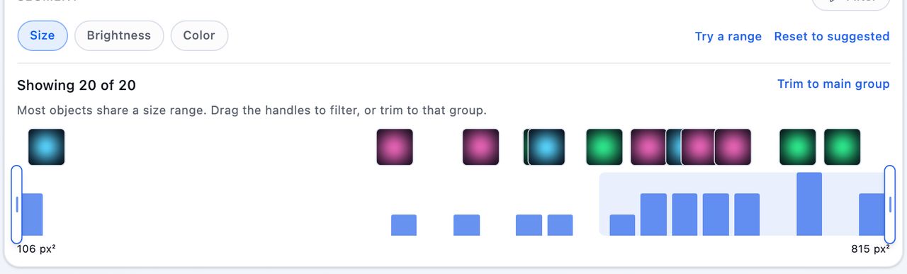 The filter card open on Size, showing every object the run found spread across a histogram with a handle at each end