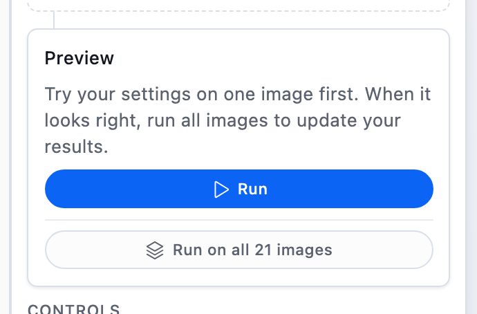 The Preview card at the foot of the pipeline, with Run above Run on all images