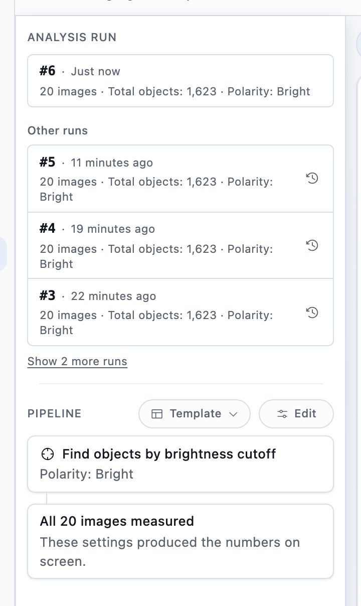 The sidebar after a run, showing the run on screen with its image count and headline number, the earlier runs under it, and the locked pipeline below