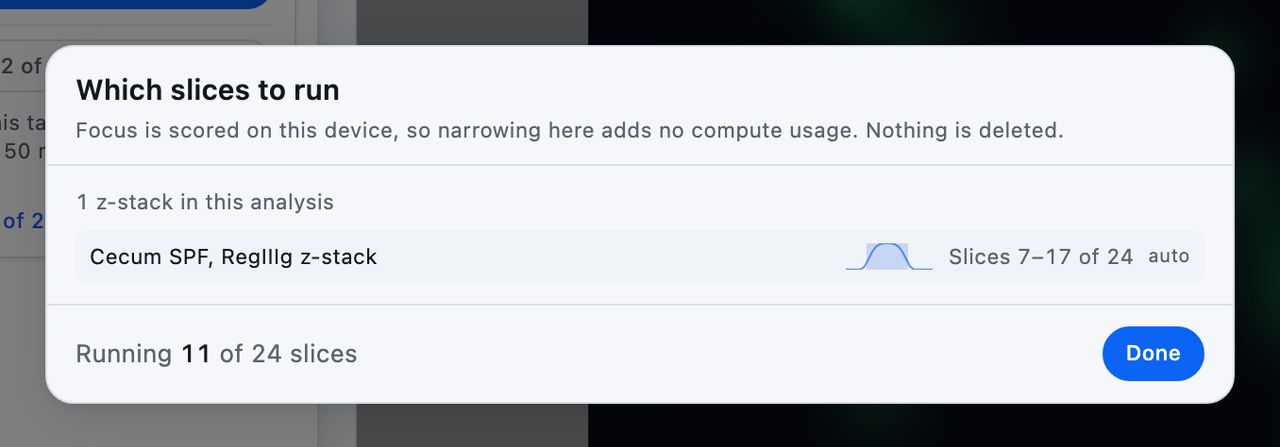 The Which slices to run dialog box, with a focus curve per stack and the running total underneath