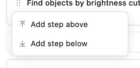 The grip menu open beside a step, offering Move down, Add step above and Add step below