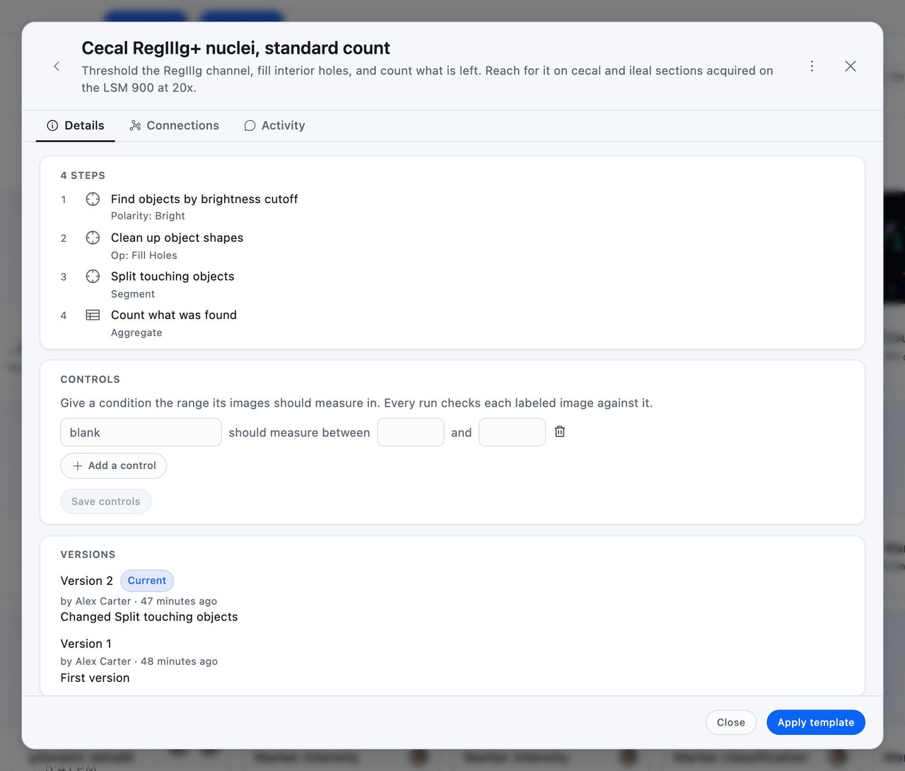 A template open on Details, listing its four steps, its controls, and its two versions with what each one changed