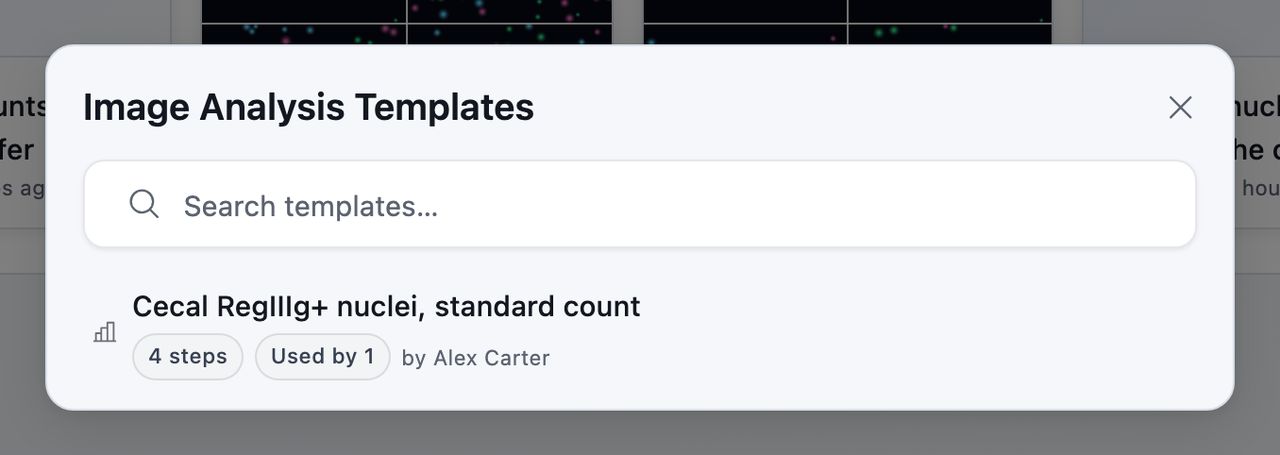 The template library, one row per template with its step count, how many results were built from it, and who saved it