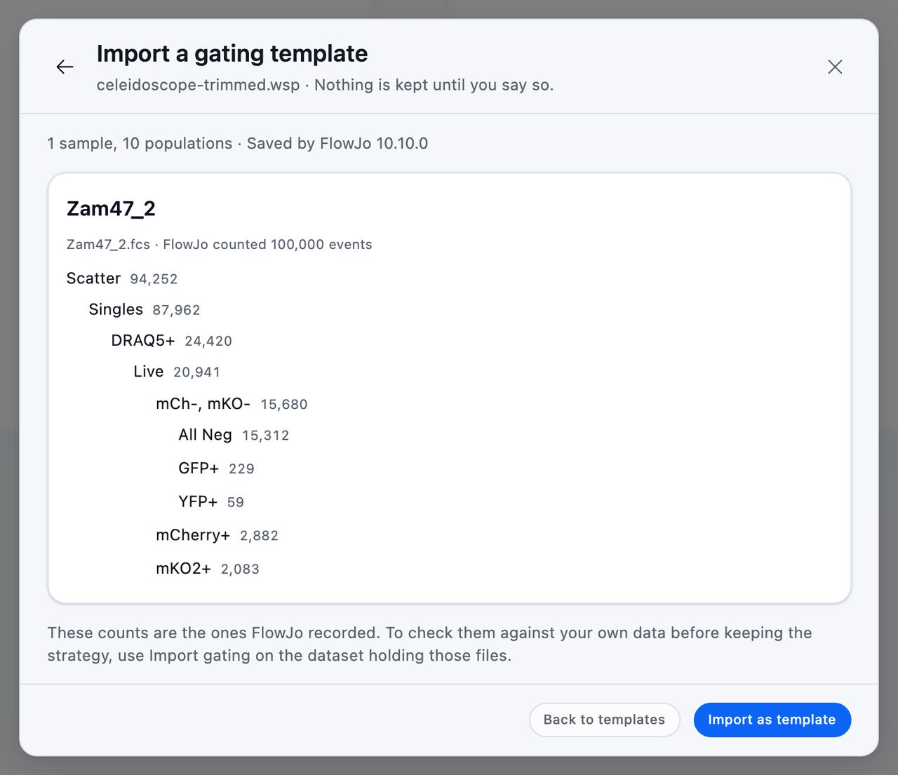 The gating import review for a FlowJo workspace file, its ten populations shown as a tree with the counts FlowJo recorded, above the note that nothing is kept until you say so