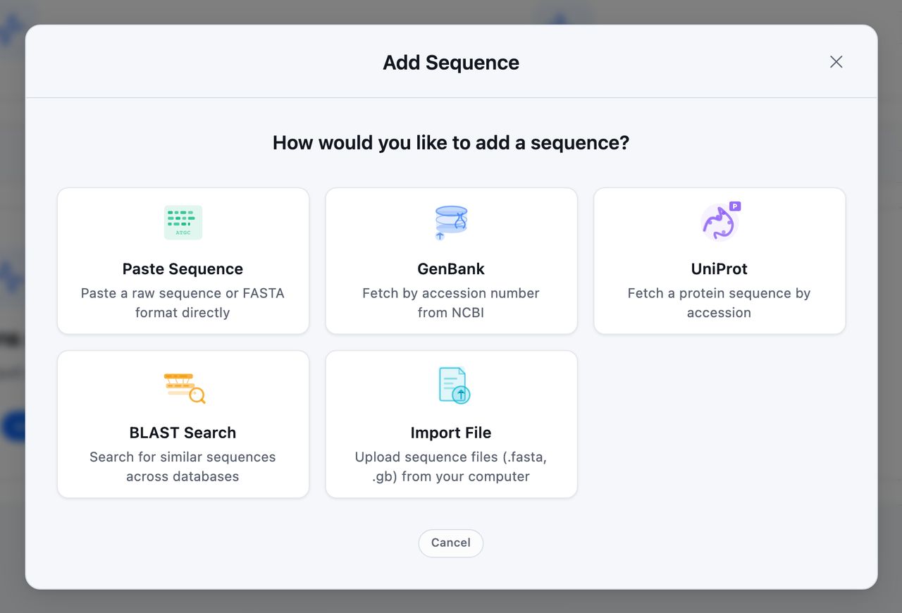 The Add Sequence dialog box offering five ways in: paste a sequence, fetch from GenBank or UniProt, run a BLAST search, or import a file