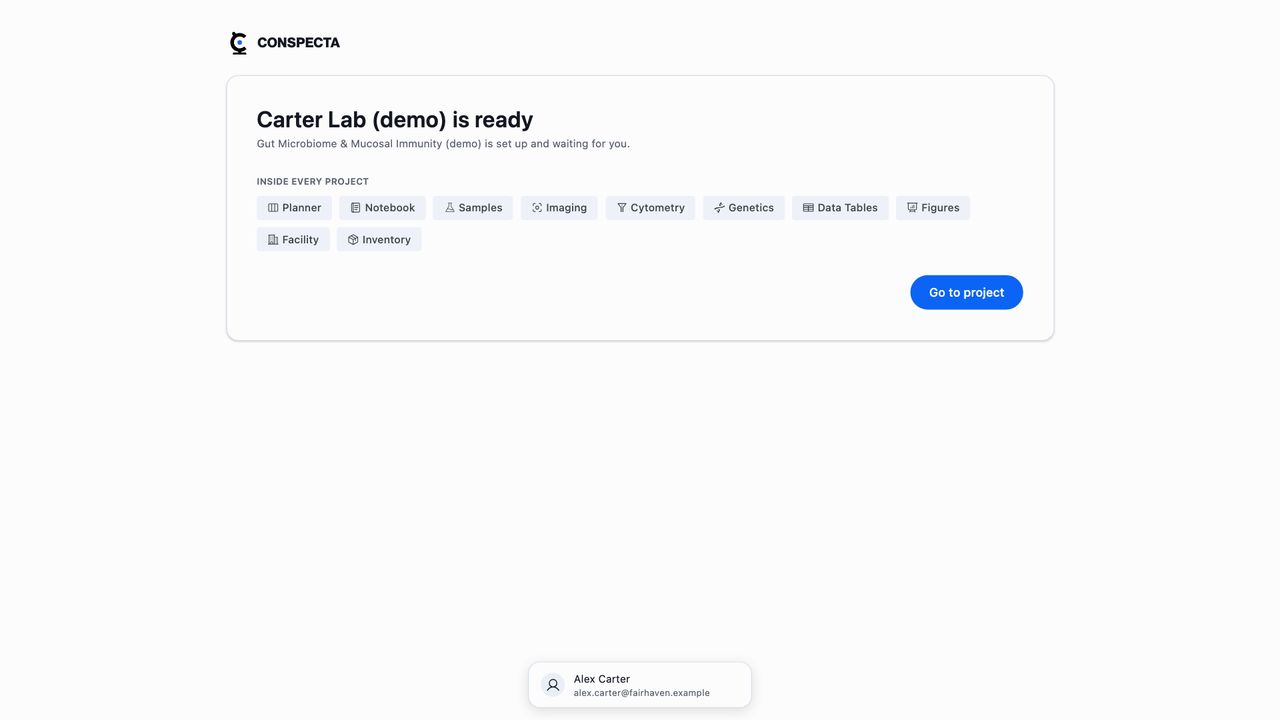 The last setup step after the demo is built, naming the demo team and project above the workspaces every project holds, with Go to project below them