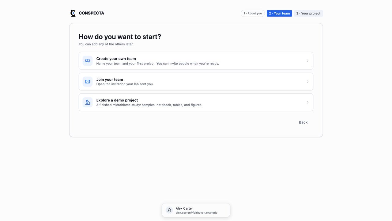 The How do you want to start step, with three rows: create your own team, join your team, and explore a demo project