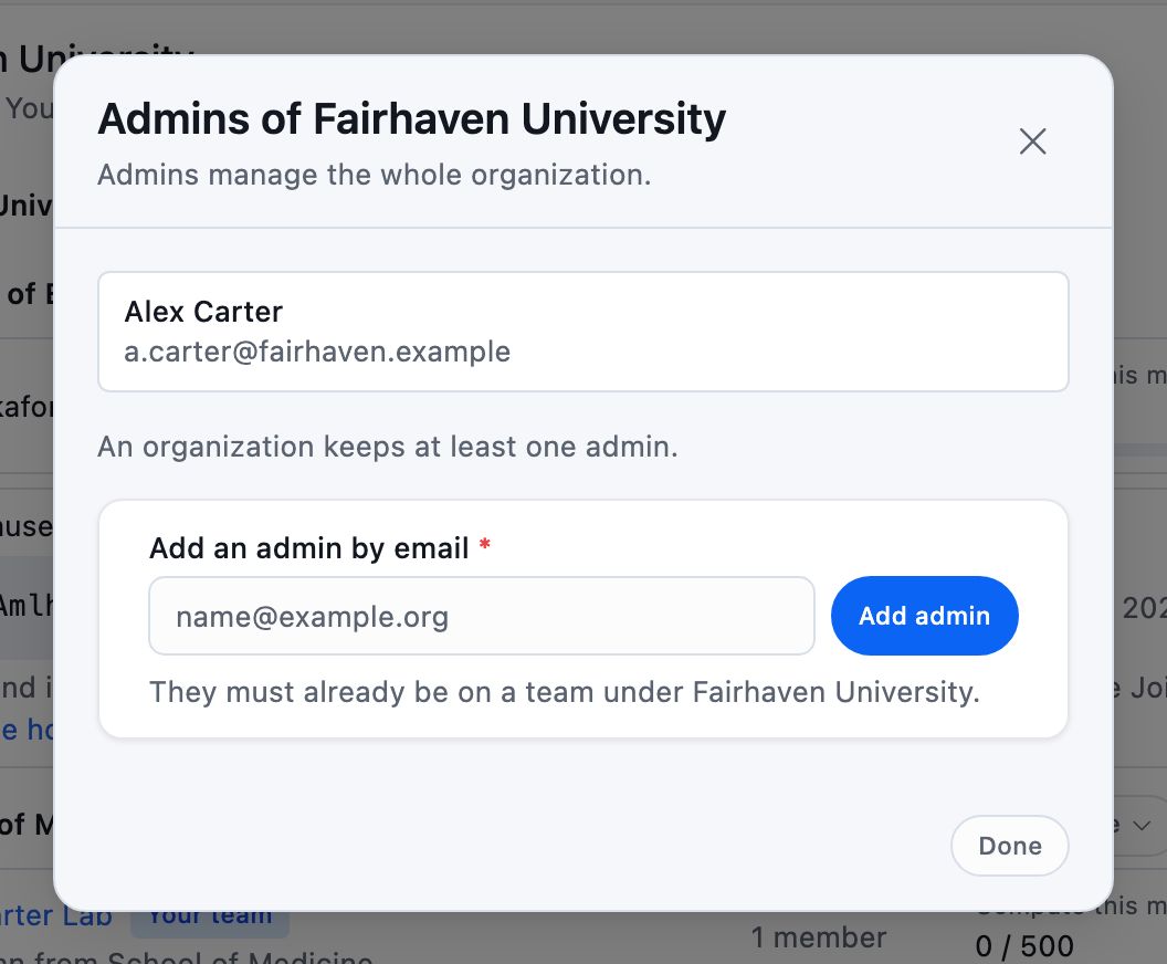The Admins dialog of a unit, listing its one admin above a field for adding another by email