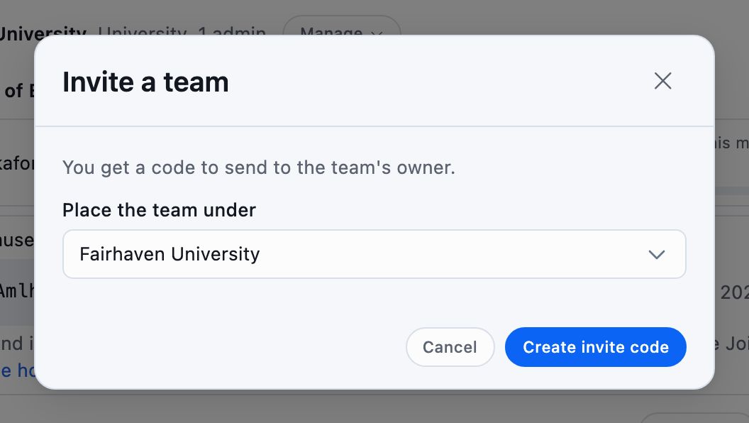 The Invite a team dialog, with a Place the team under menu and a Create invite code button