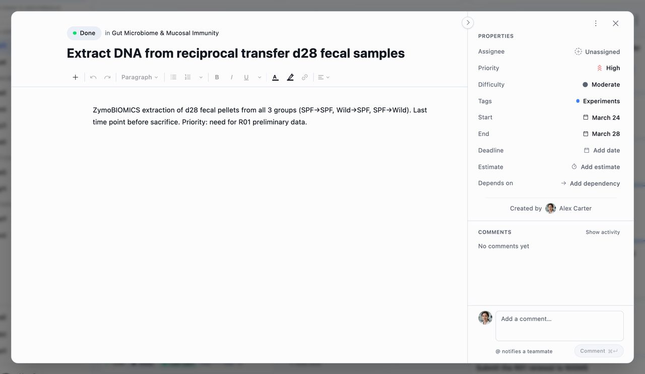 A task open in its dialog box, with a description, its properties from assignee through dependencies down the side, and a comment box below
