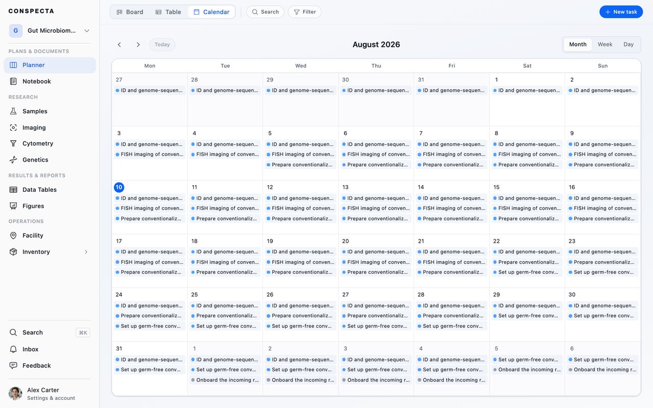 The Planner's month calendar with tasks running as bars across the days they span