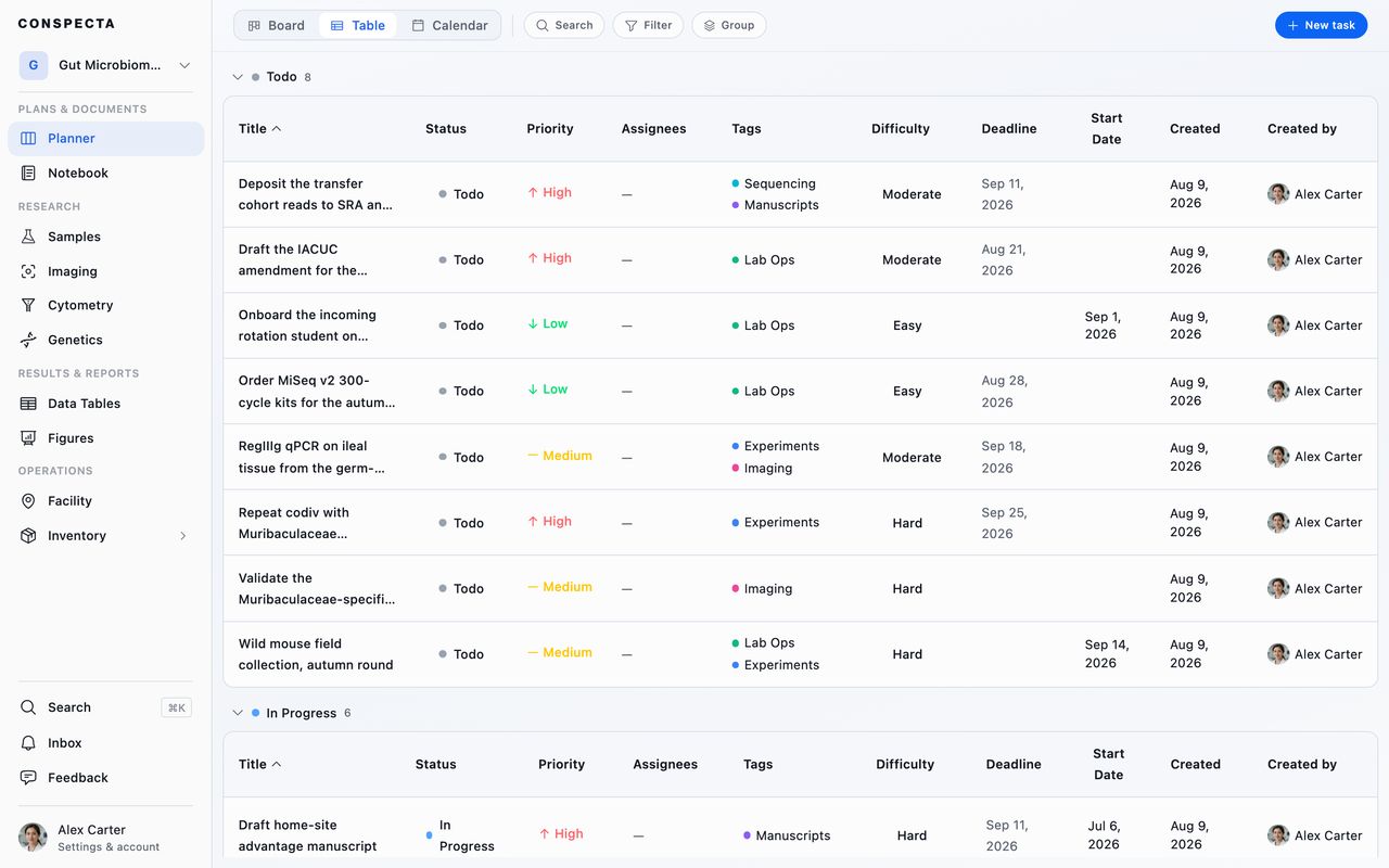 The Planner's table view with tasks as rows grouped by status, each showing its priority, tags, difficulty, and dates