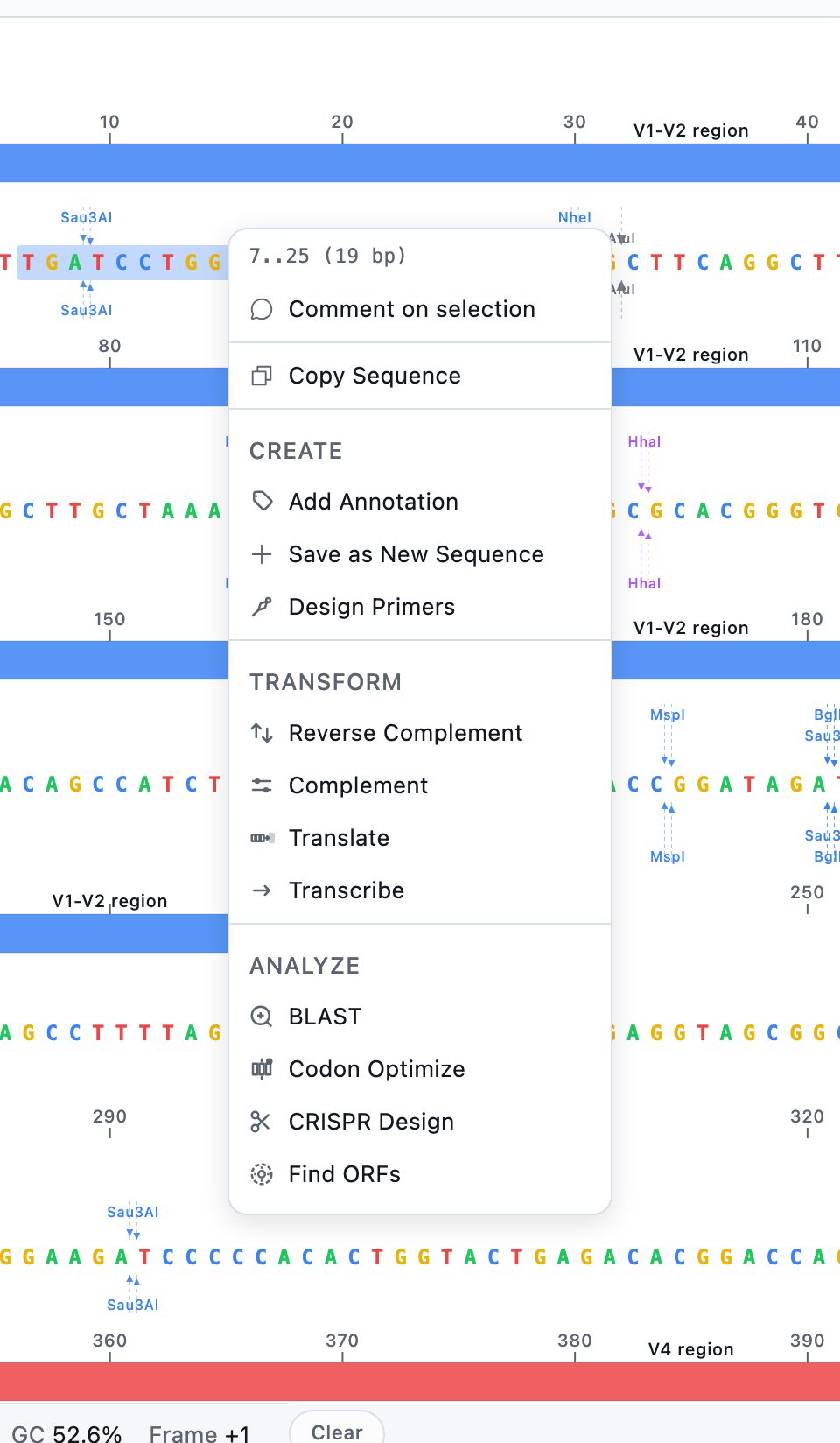 The selection menu over a highlighted stretch of bases, naming the selected range and grouping its tools under Create, Transform, and Analyze