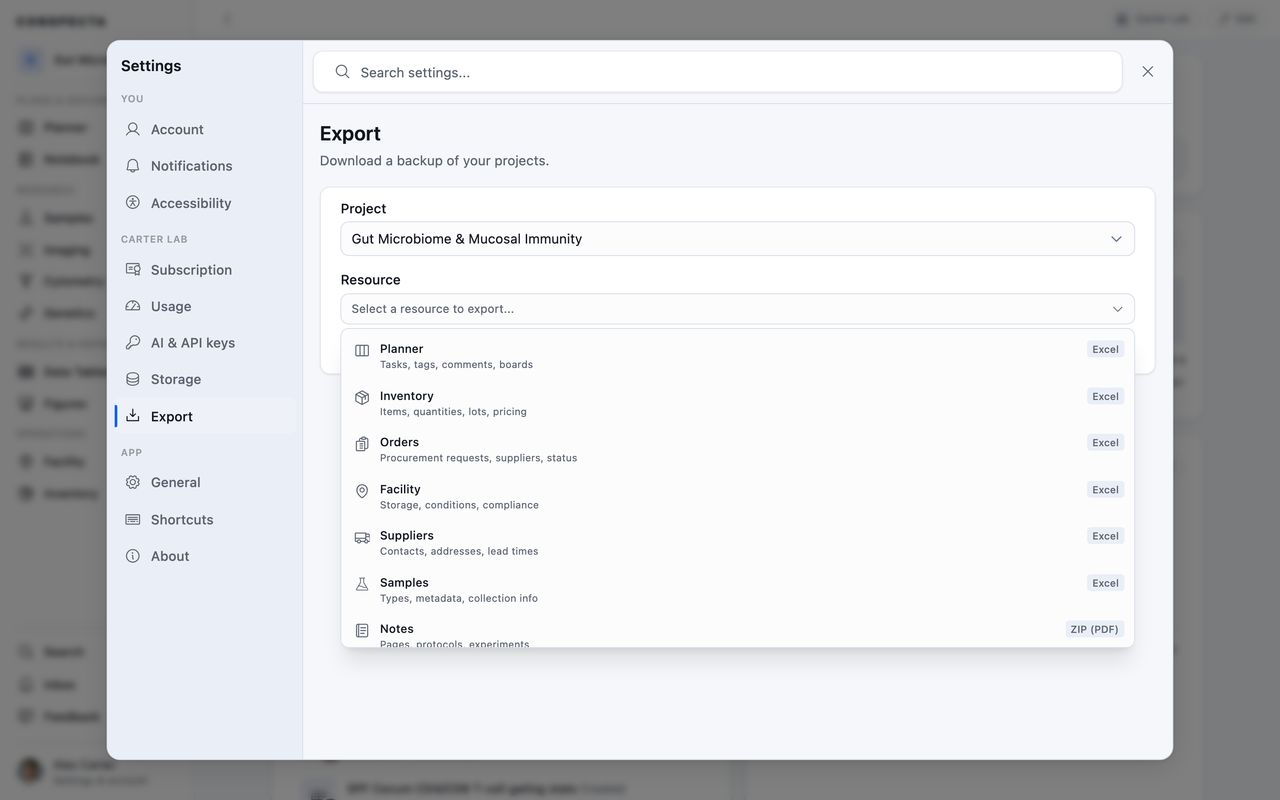 The Export section of Settings with its resource list open, each workspace showing what it contains and the format it downloads as