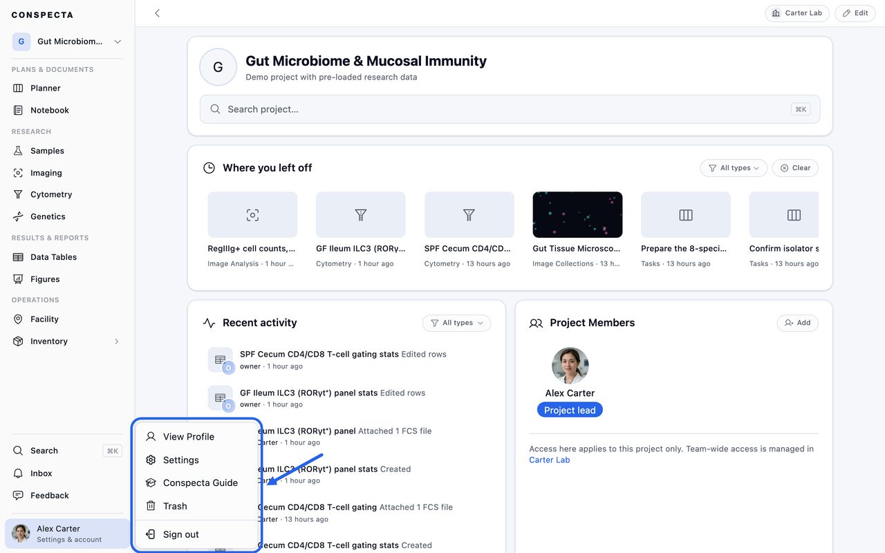 The account menu open at the bottom of the sidebar, outlined with an arrow pointing at it, with Settings among its entries