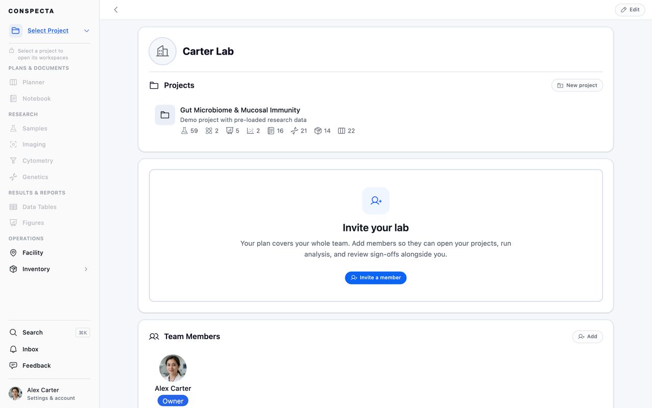 A team page with its projects and their record counts, a card for inviting members, and the member list showing the team's owner
