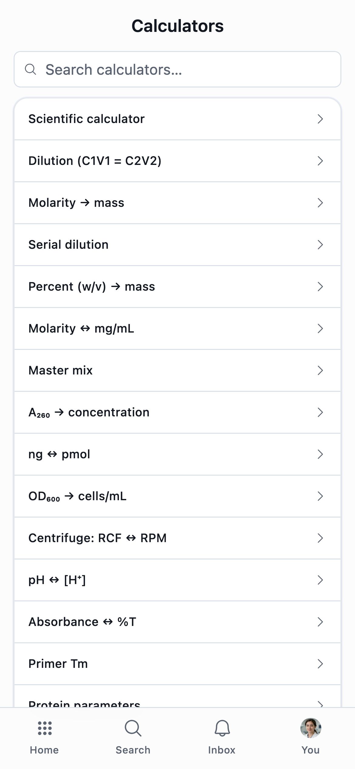 The list of calculators on a phone, with a search box at the top and entries from dilution through primer Tm