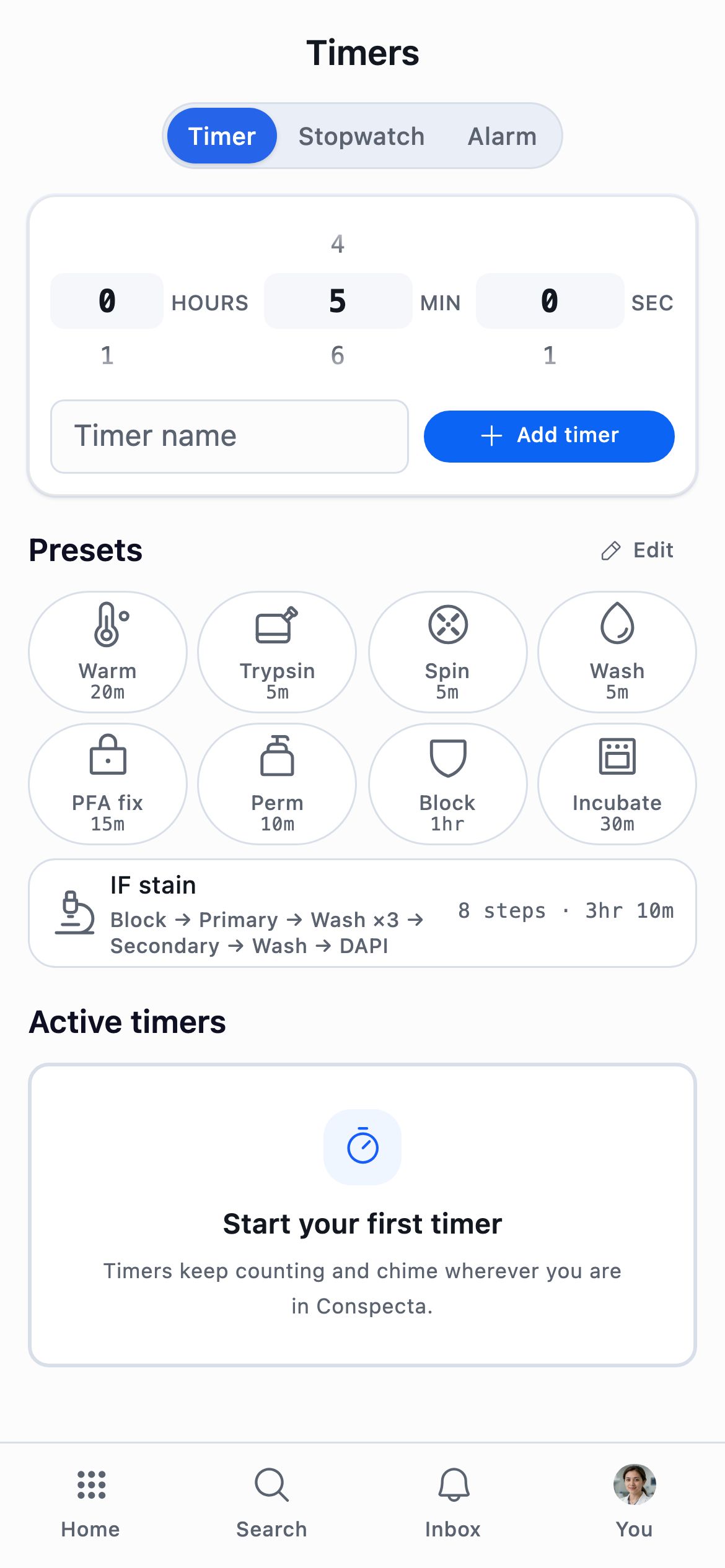 The Timer tab on a phone, with a time wheel, a name field, two rows of preset chips above a full-width IF stain sequence row, and the Stopwatch and Alarm tabs beside it